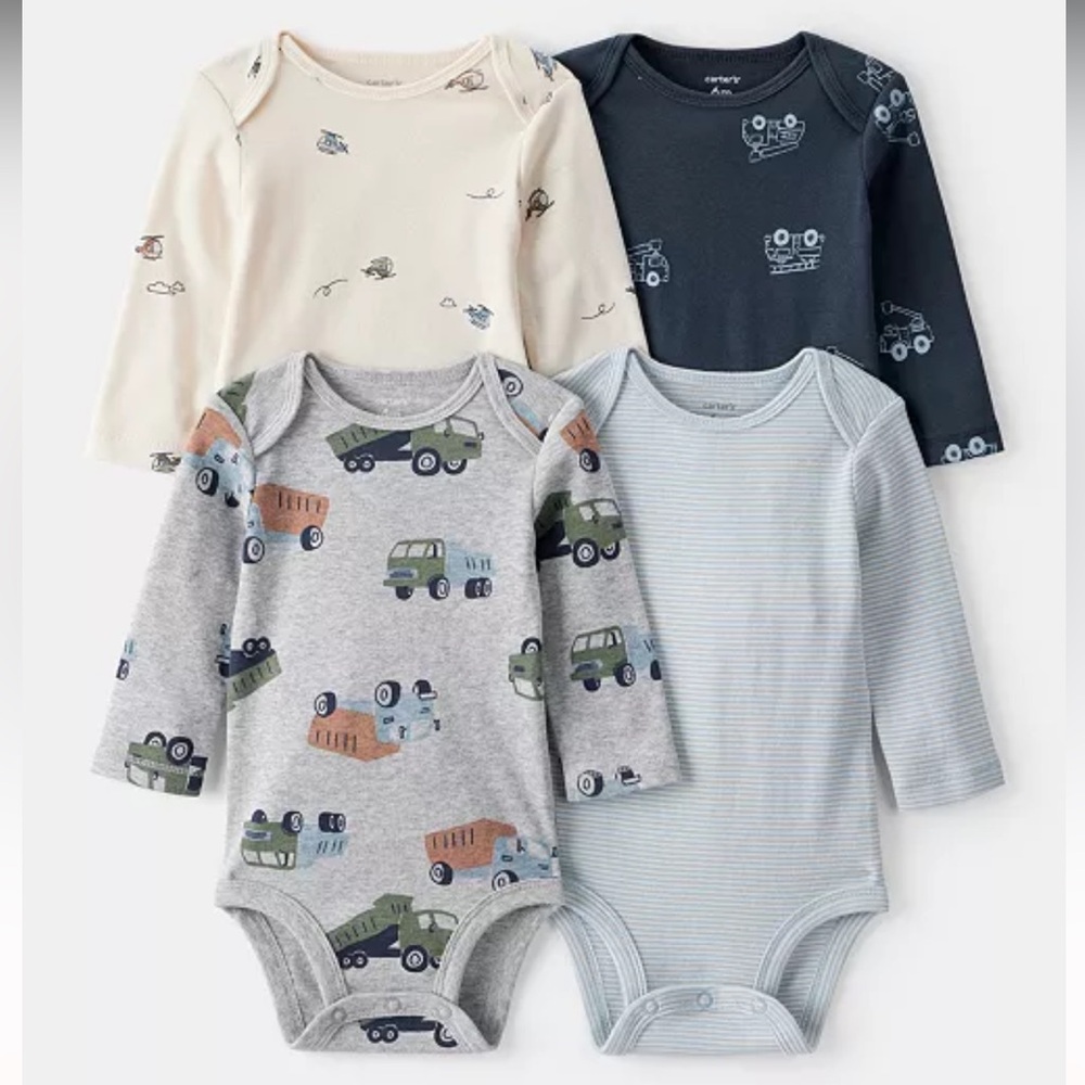 Set of 4 Assorted Truck and Tractor Colorful Baby Boy’s Onesie Set Layette Style
